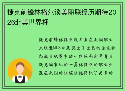 捷克前锋林格尔谈美职联经历期待2026北美世界杯